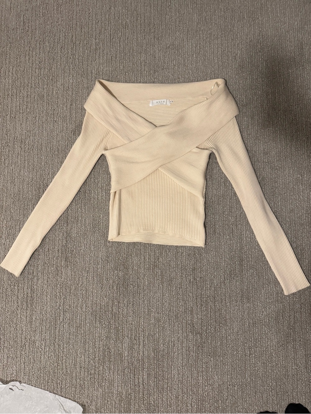 Astr Cream Ribbed Off-Shoulder Crisscross Crop Top
